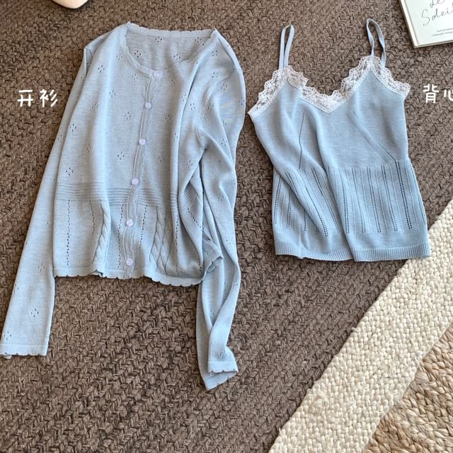 Round V-Neck Neck Cardigan Trim Top Set: Knit Plain Camisole Lace +