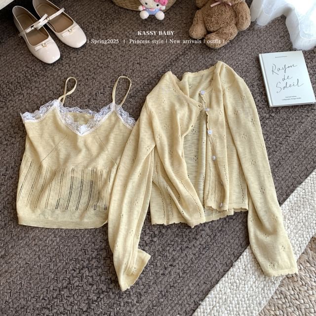 Round V-Neck Neck Cardigan Trim Top Set: Knit Plain Camisole Lace +