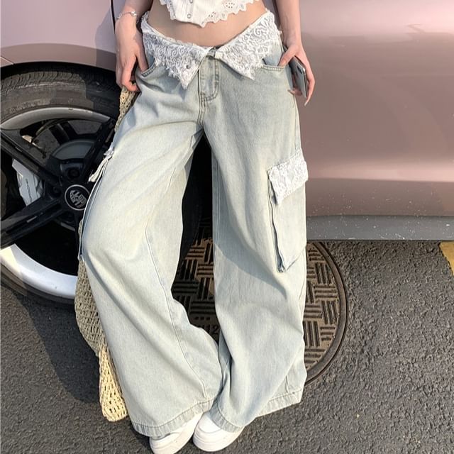 Plain Lace / Panel Jeans Button Washed Wide Cami Mid Top Leg Cargo Waist