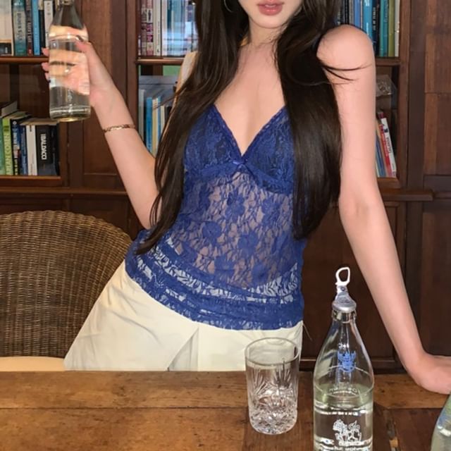 Lace V-Neck Top Camisole Bow Plain