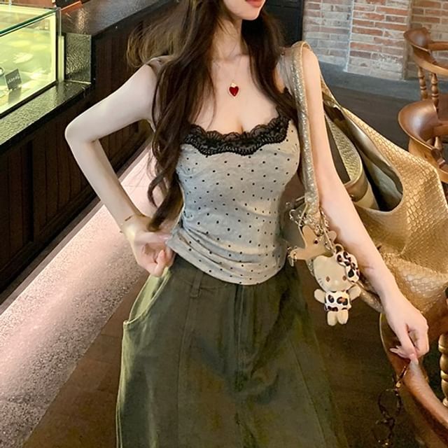 Lace Camisole Top Dotted Panel