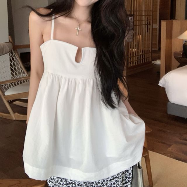 Notch Floral Leg Print High Camisole / Pants Wide Plain Top Neck Waist