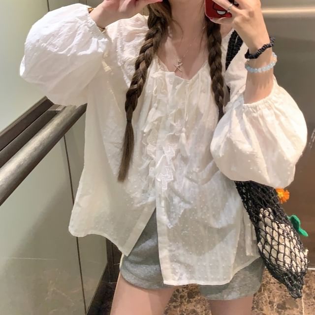 Neck Blouse Plain Long Sleeve Round Ruffle