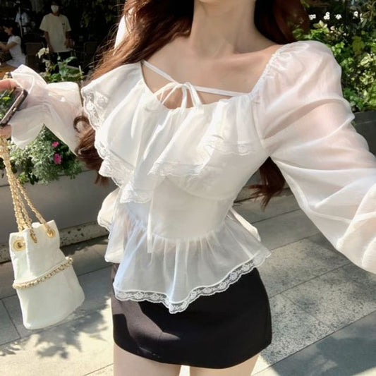 Ruffle Sleeve Plain Front Mini V-Neck Tie Skirt Lace Pencil Blouse Long / Trim