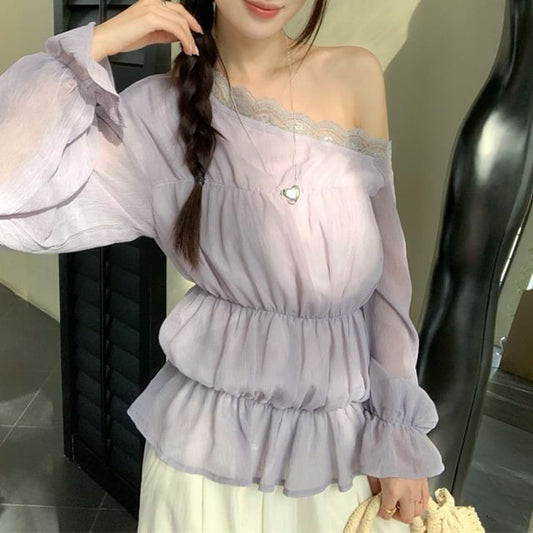 Lace One Panel Shoulder Plain Sleeve Blouse Trim Long