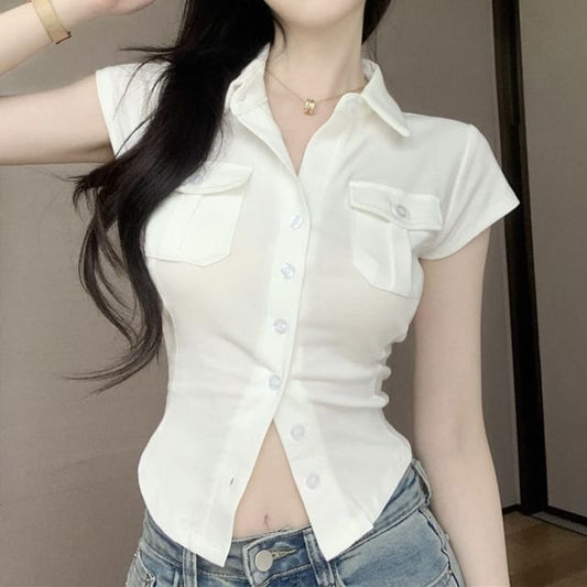 Sleeve Pocket Shirt Jersey Flap Collared Cap Plain