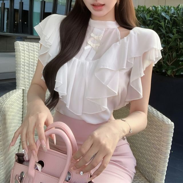 / Bow Ruffle High Sleeve Blouse Cap Rise Neck Plain Fishtail Skirt Mock Panel Maxi