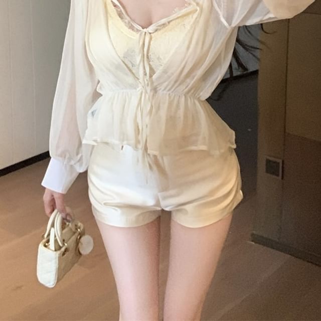 Plain Front Satin Shoulder Off Tie Sleeve / Top Shorts High V-Neck Lace Waist Cami Long