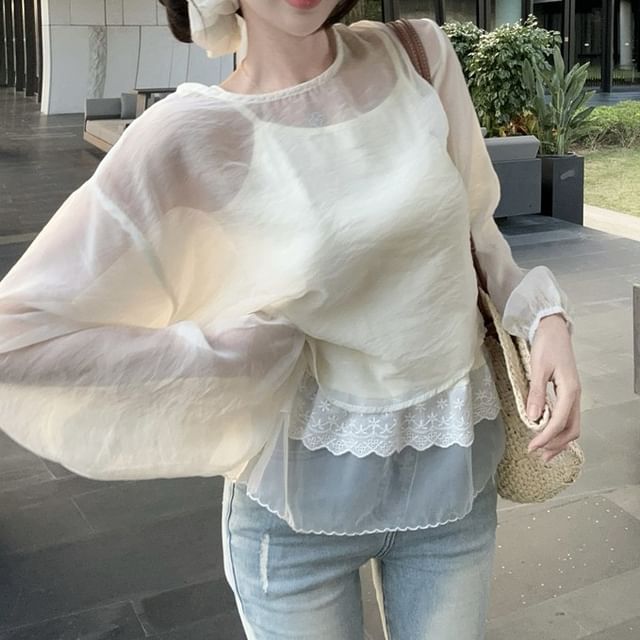 Cami Sleeve Crew Sheer Set: Long + Plain Top Blouse Neck