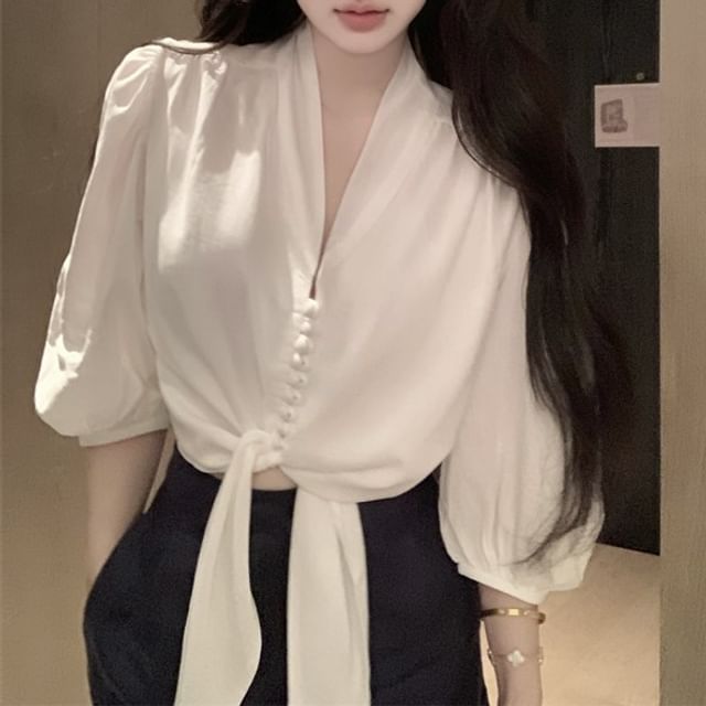 Front Blouse Sleeve V-Neck Plain Tie Elbow