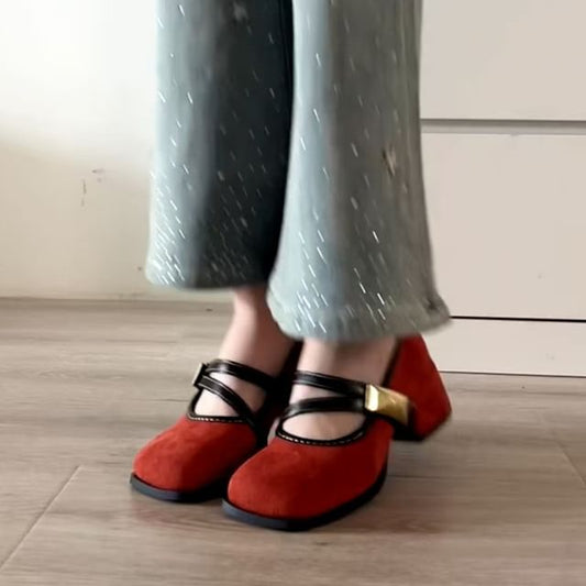 Jane Mary Buckle Shoes Metallic Heel Block