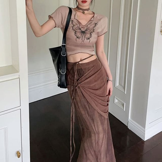 Tie-Up Maxi Short Print Mid Crop Tee Butterfly Skirt / Sleeve V-Neck Waist Pencil