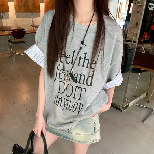 Sleeve Striped Short Print Round Neck Panel Lettering T-Shirt