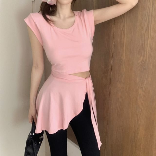 Piece Flared Pants Mock High Two Asymmetrical Cap Neck / Waist Plain Sleeve T-Shirt Crew