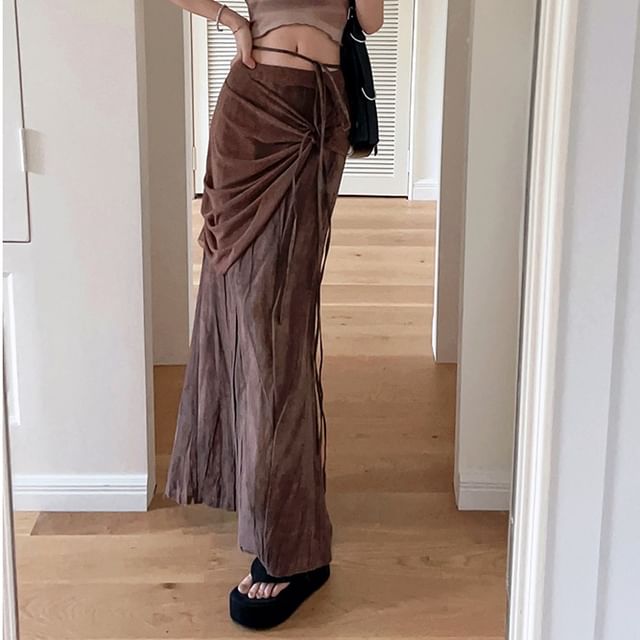 Tie-Up Maxi Short Print Mid Crop Tee Butterfly Skirt / Sleeve V-Neck Waist Pencil