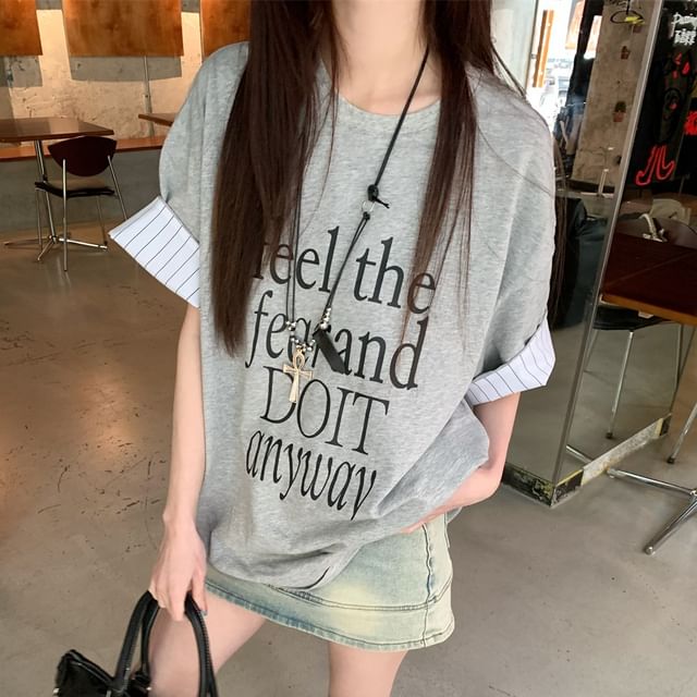 Sleeve Striped Short Print Round Neck Panel Lettering T-Shirt