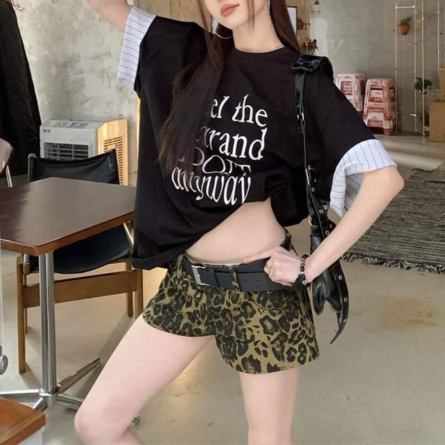 Sleeve Striped Short Print Round Neck Panel Lettering T-Shirt