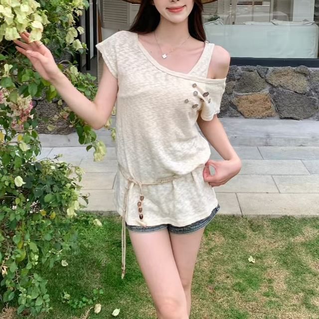 Sleeve + Shoulder Plain Belt Cold Top Set: Short Button Cord