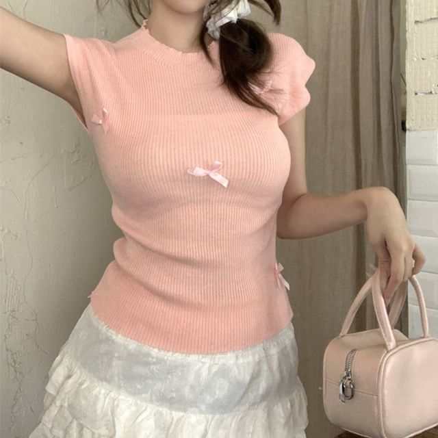 Neck Sleeve Crew Cap Bow Top Knit