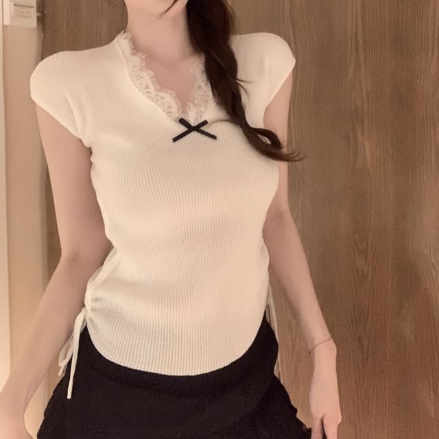 Lace Cap Plain Trim Top Bow Knit V-Neck Sleeve