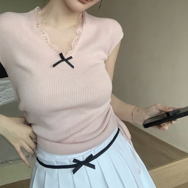 Lace Cap Plain Trim Top Bow Knit V-Neck Sleeve