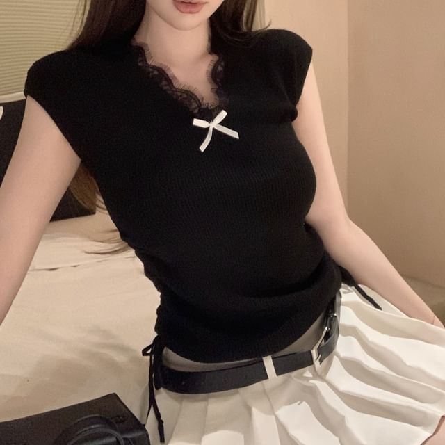 Lace Cap Plain Trim Top Bow Knit V-Neck Sleeve