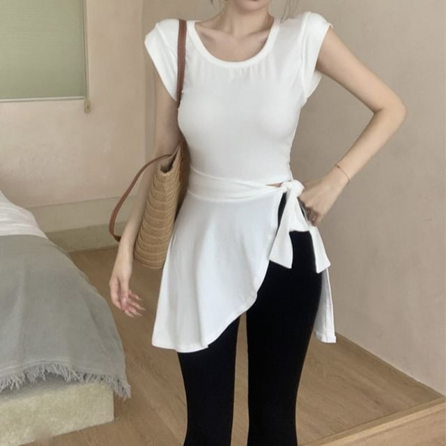 Piece Flared Pants Mock High Two Asymmetrical Cap Neck / Waist Plain Sleeve T-Shirt Crew