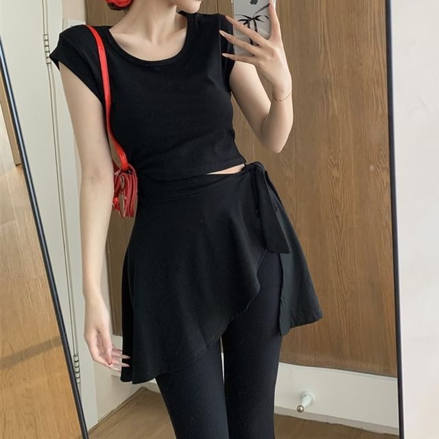 Piece Flared Pants Mock High Two Asymmetrical Cap Neck / Waist Plain Sleeve T-Shirt Crew