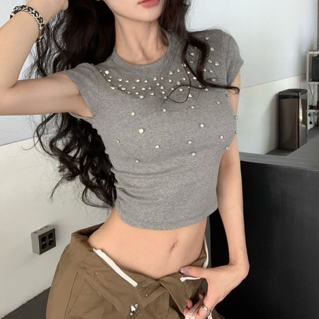 Tee Crop Rhinestone Crewneck Short-Sleeve