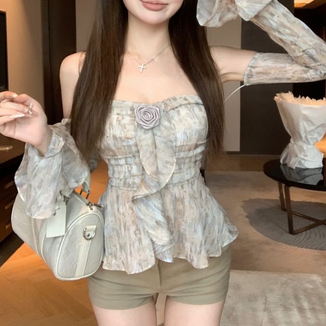 Off Floral Top Crop Shoulder Print Long-Sleeve