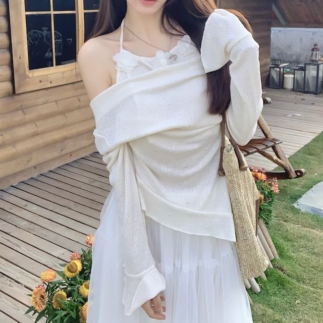 / Skirt High Long-Sleeve Mock Rise Top Two-Piece A-Line Maxi Plain