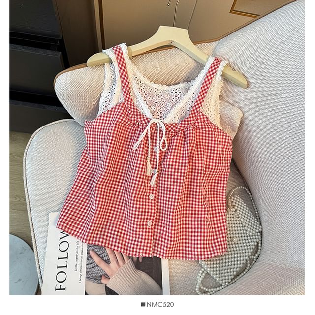Checker Button-Up Lace Tank - LaceLux