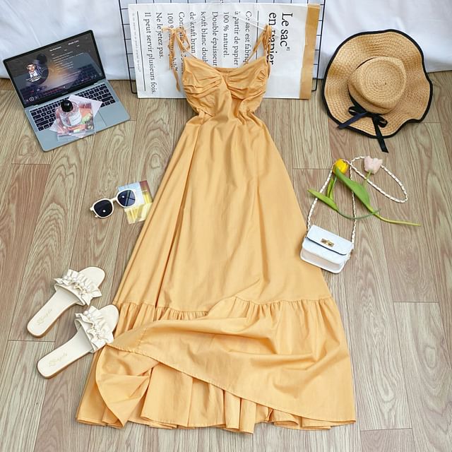 Shirred Midi A-Line Dress with Tie-Shoulder Detail