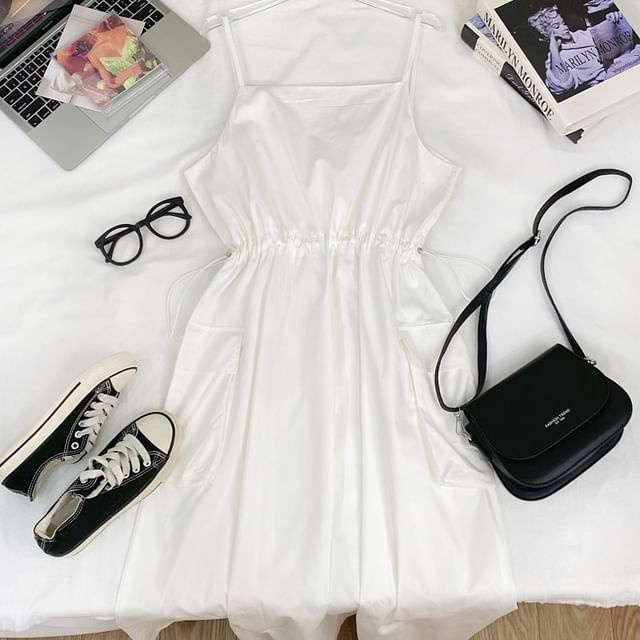Drawstring Midi A-Line Cargo Dress with Thin Straps