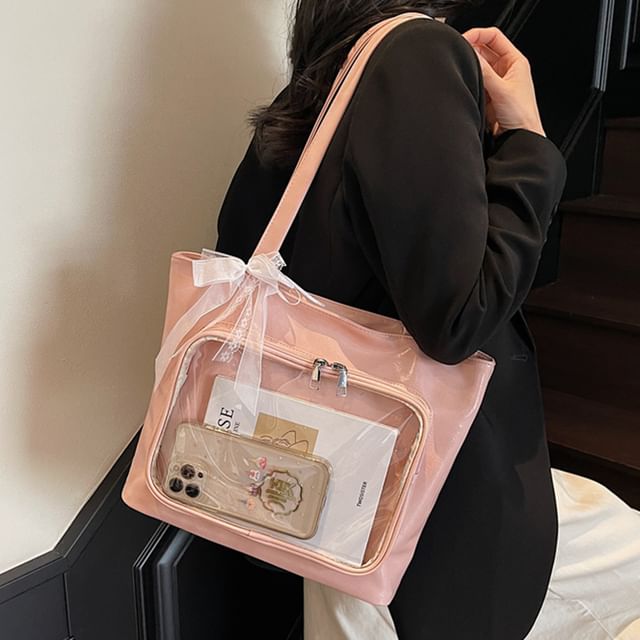 Leather Panel Bag PVC Plain Faux Tote