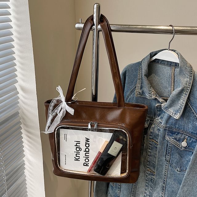 Leather Panel Bag PVC Plain Faux Tote