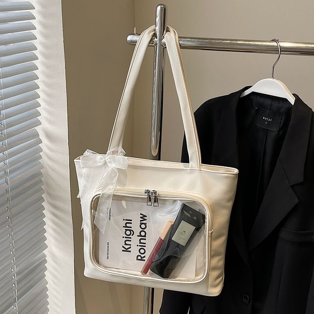 Leather Panel Bag PVC Plain Faux Tote