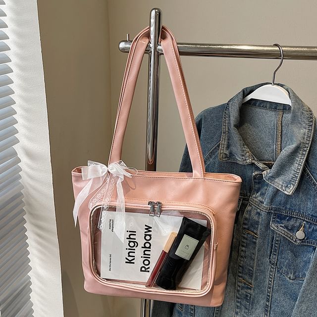 Leather Panel Bag PVC Plain Faux Tote