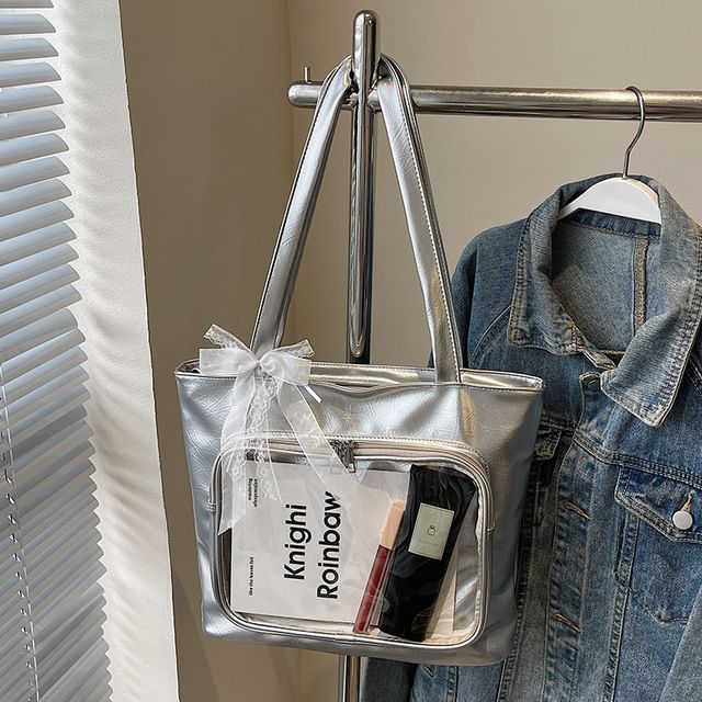 Leather Panel Bag PVC Plain Faux Tote