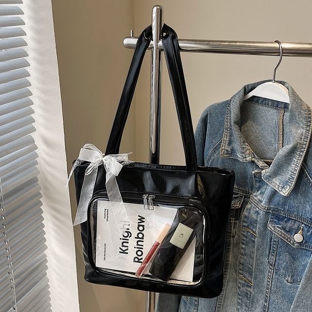 Leather Panel Bag PVC Plain Faux Tote