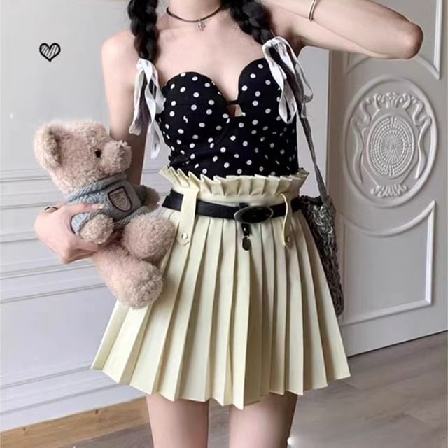 High A-Line Belted Rise Mini Plain Pleated Skirt