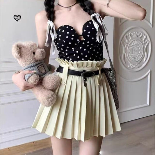 High A-Line Belted Rise Mini Plain Pleated Skirt