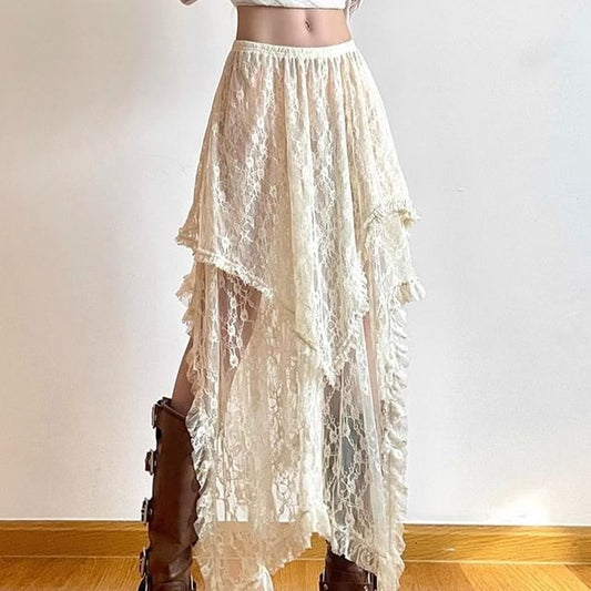 A-Line Lace Rise Midi Plain Skirt High