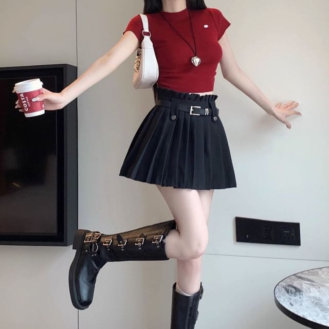 High A-Line Belted Rise Mini Plain Pleated Skirt