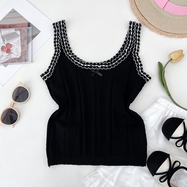Knit Scoop-Neck Cami with Lace Accent - LaceLux