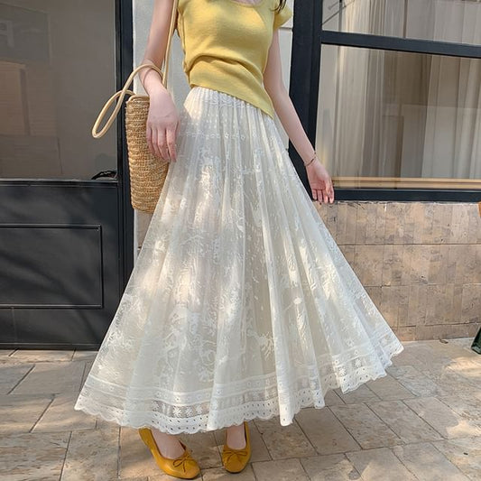 Lace Skirt High Midi Waist A-Line