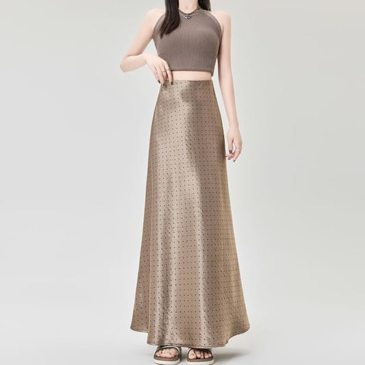 Skirt Maxi Waist A-Line Dotted High Satin