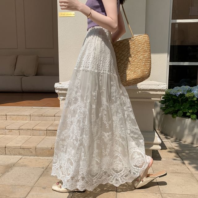 Maxi Lace High Waist A-Line Skirt