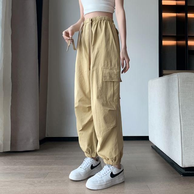Cargo Harem Cropped Pants Plain Drawstring Waist