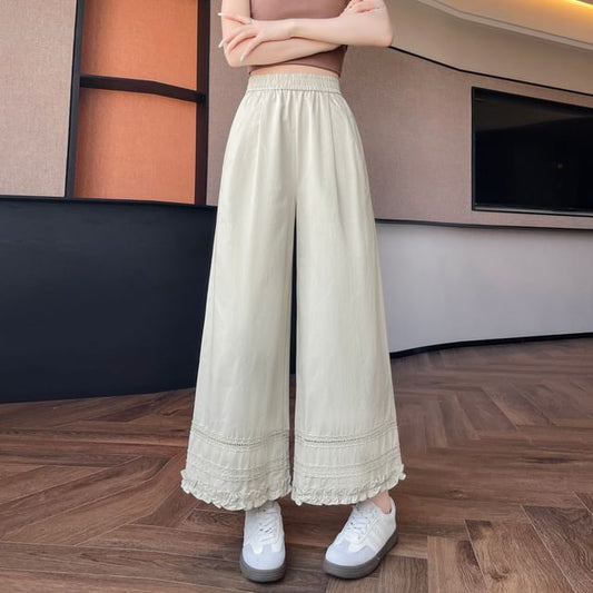 Wide Trim Lace Plain Frill Rise High Pants Cropped Leg Panel
